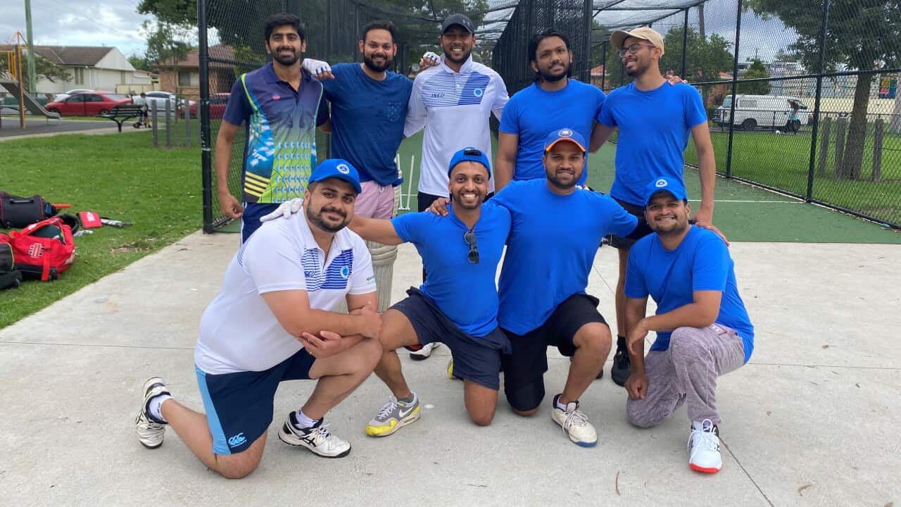 Nakul Pednekar and teammates at a cricket practice session in Harris Park, Sydney.