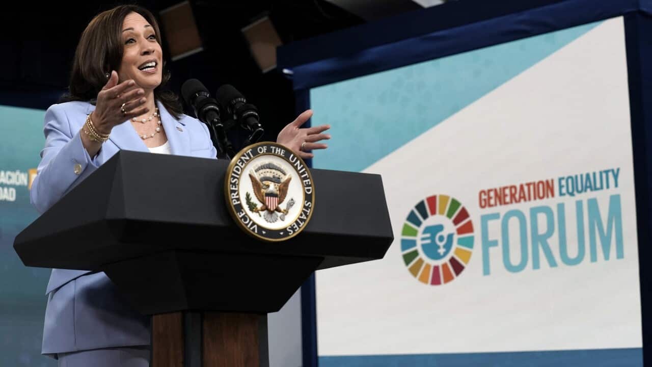 US Vice President Kamala Harris speaks to the Generation Equality Forum in Paris from the White House
