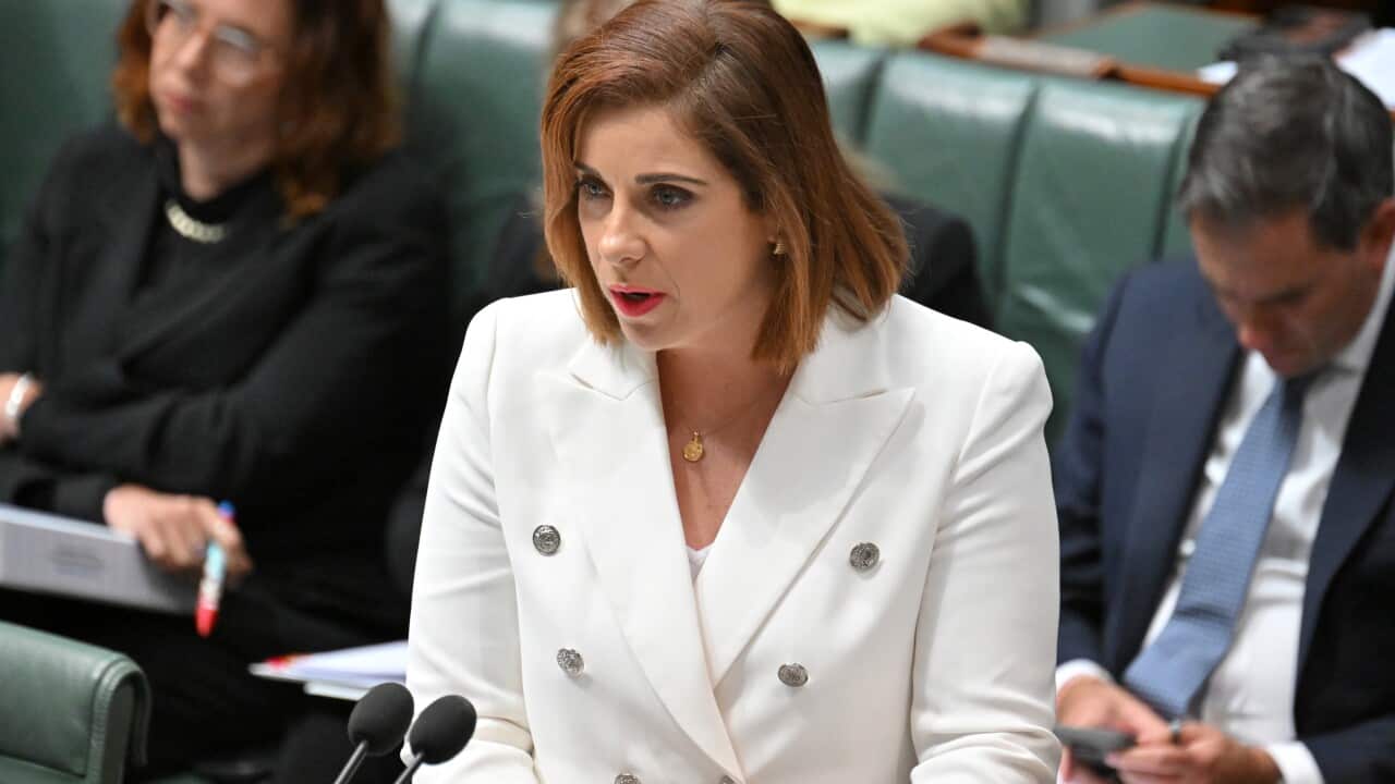 Minister for Communications Anika Wells, wearing a white blazer, speaks in parliament. Several other politicians are seated behind her.