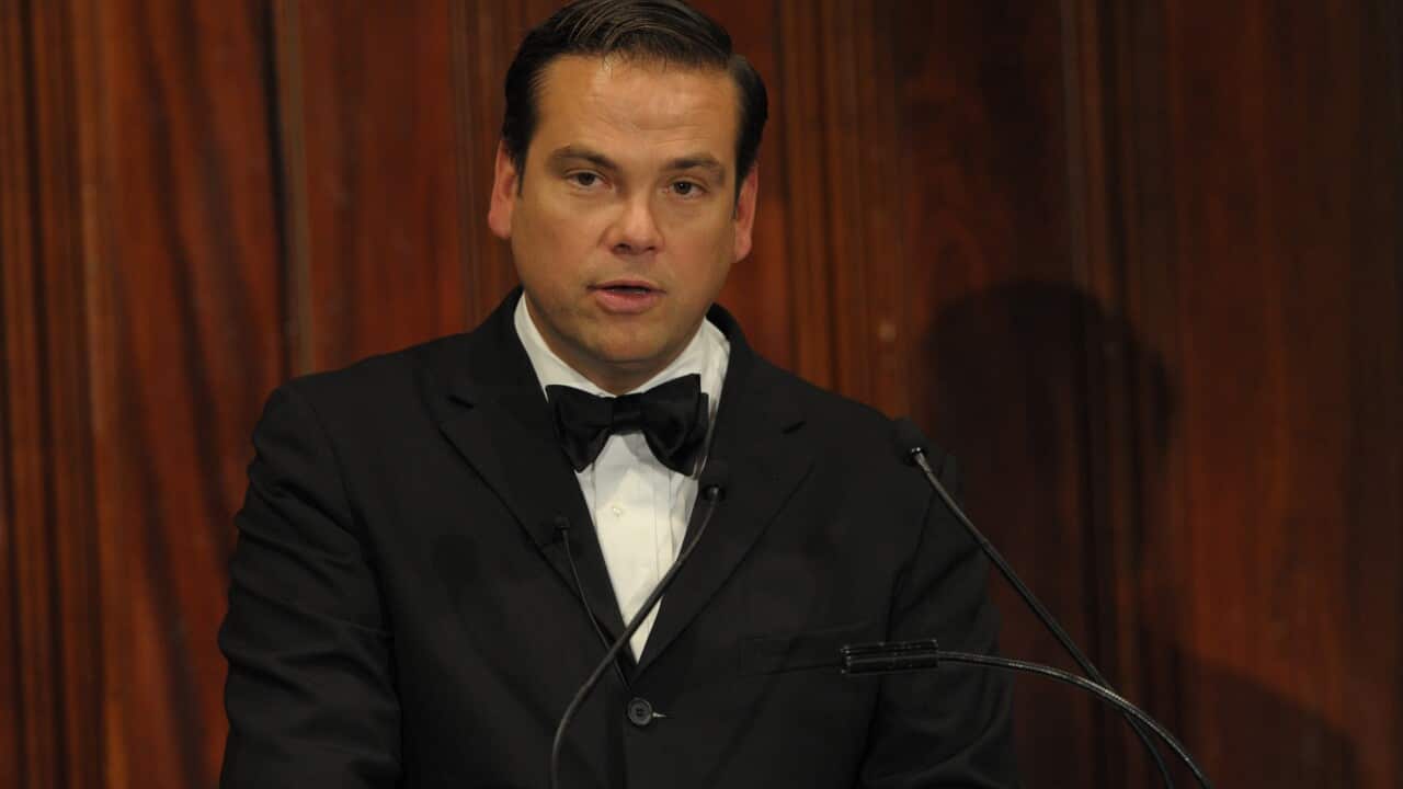 News Corporation's Lachlan Murdoch speaks at the annual Sir Keith Murdoch Oration at the State Library of Victoria in Melbourne, Thursday, Oct. 23, 2014. (AAP Image/Julian Smith)