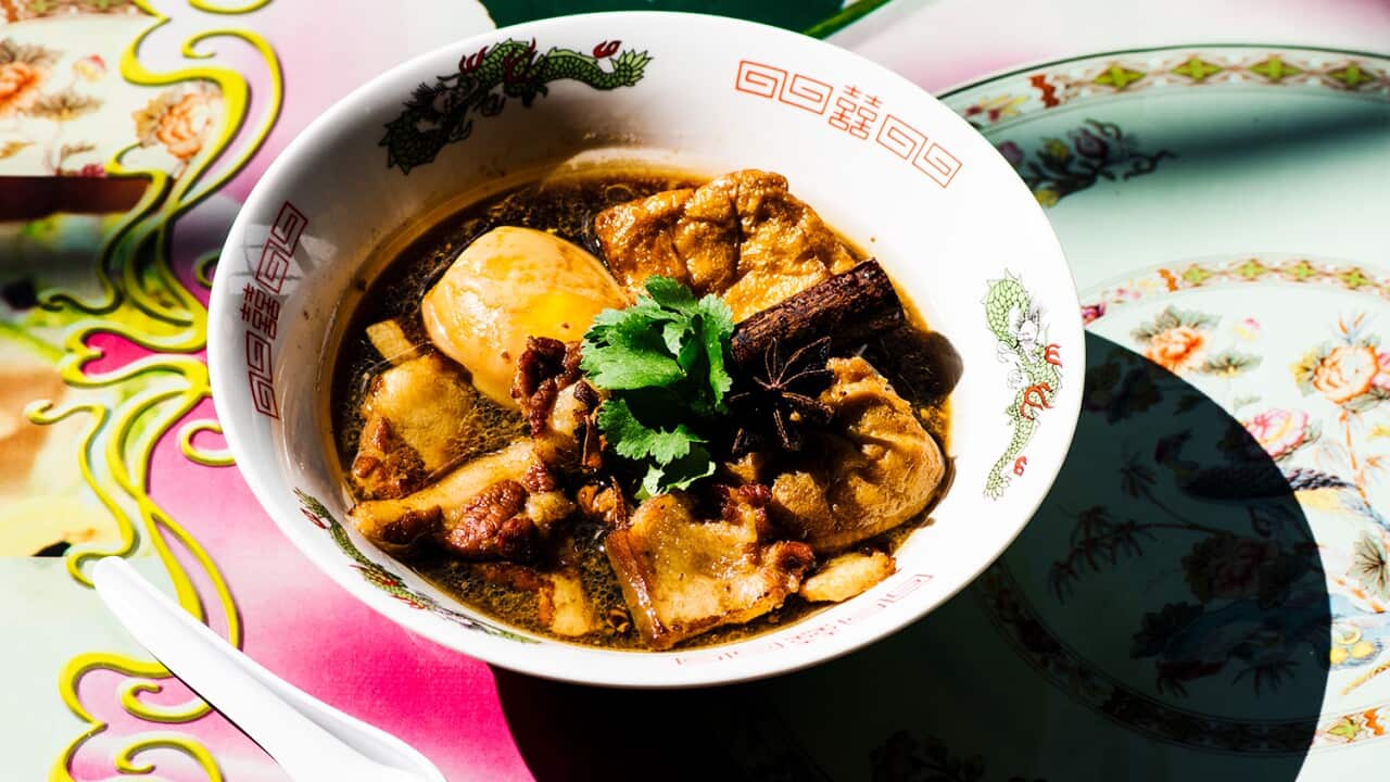 Egg and pork in sweet soy broth (khai palo)