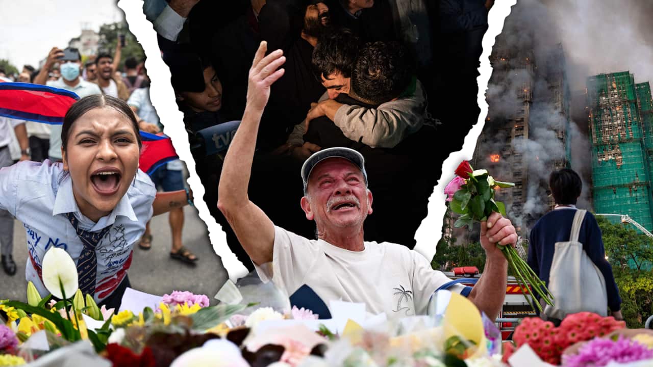 A composite image of a young Nepalese woman protesting, two men hugging one another, and a man watching a building go up in flames. In the middle, a man holds flowers and is crying.