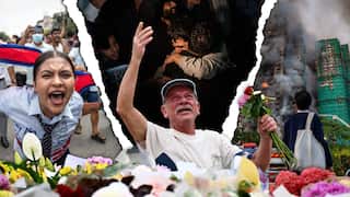 A composite image of a young Nepalese woman protesting, two men hugging one another, and a man watching a building go up in flames. In the middle is a man holding flowers and crying.