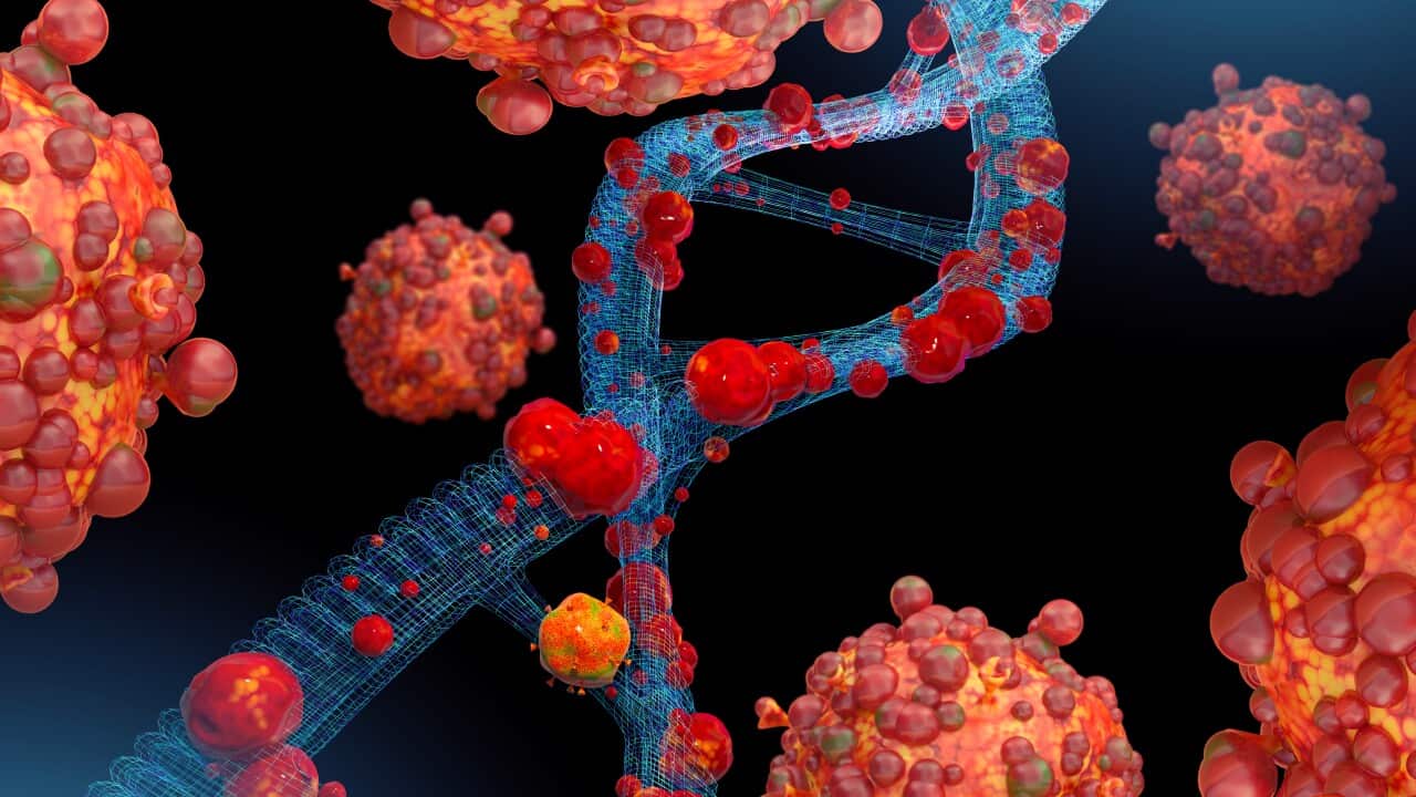 DNA spiral with Monkeypox Virus attacking