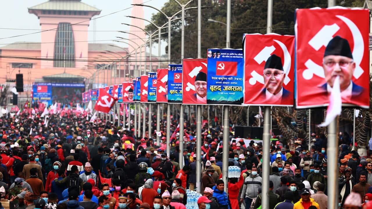 Nepal PM KP Sharma Oli addressed his supporters in front of the former royal palace in Kathmandu