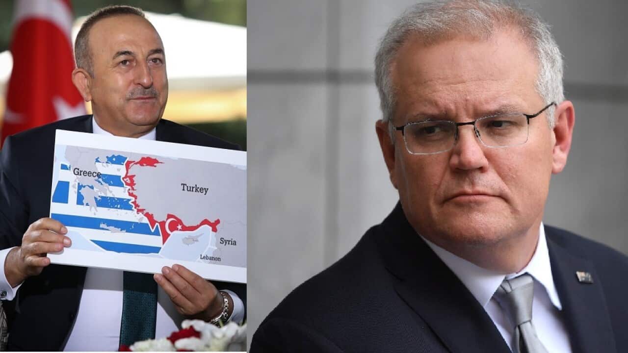Minister of Foreign Affairs of Turkey, Mevlut Cavusoglu (L) and Prime Minister of Australia, Scott Morrison.