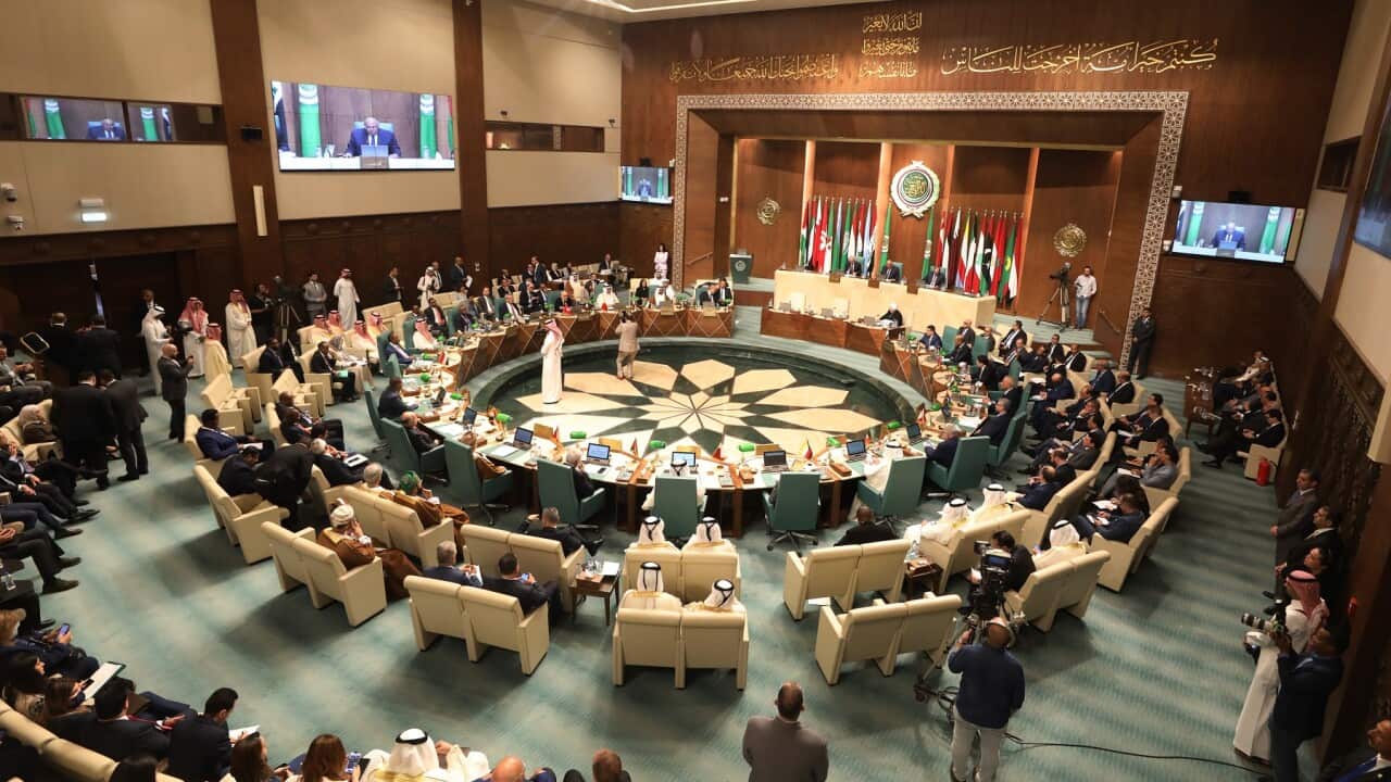 General view of the Arab League foreign ministers emergency meeting in Cairo