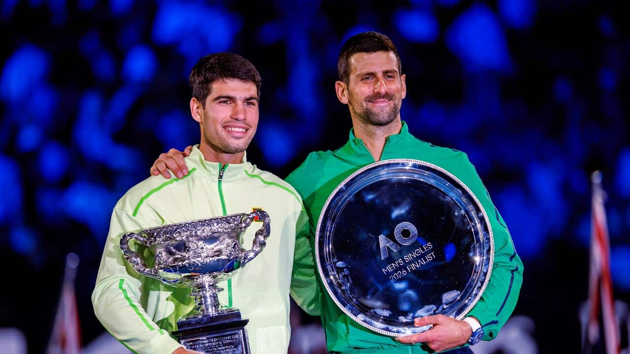 Spain’s Carlos Alcaraz with Serbia’s Novak Djokovic following his victory in the Men’s Singles Final match against Serbia’s Novak Djokovic at the Australian Open, Melbourne Park, Melbourne on February 01 2026