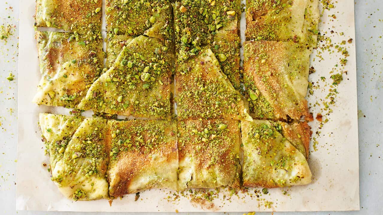 Pistachio pancakes with clotted cream