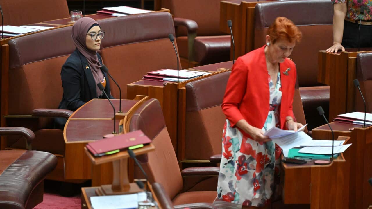 Independent Senator Fatima Payman and One Nation leader Pauline Hanson in the Senate chamber at Parliament House in Canberra, Wednesday, November 27, 2024.