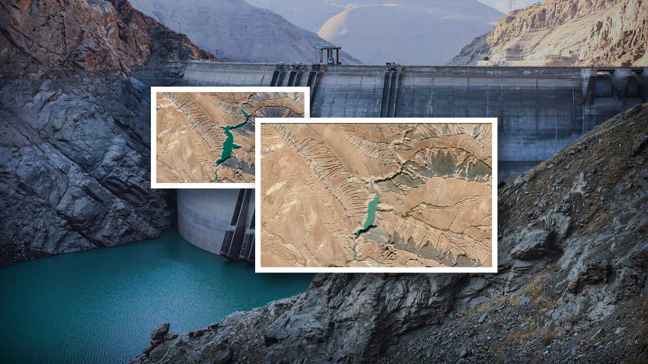 A dam reservoir with two satellite images showing shrinking water levels.