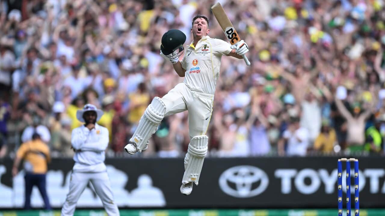 David Warner leaps in the air
