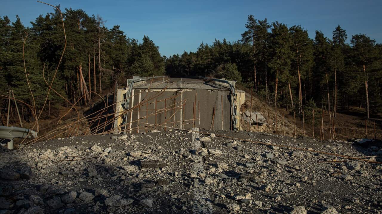 DONETSK REGION, UKRAINE - DECEMBER 4: The ruined bridge on the