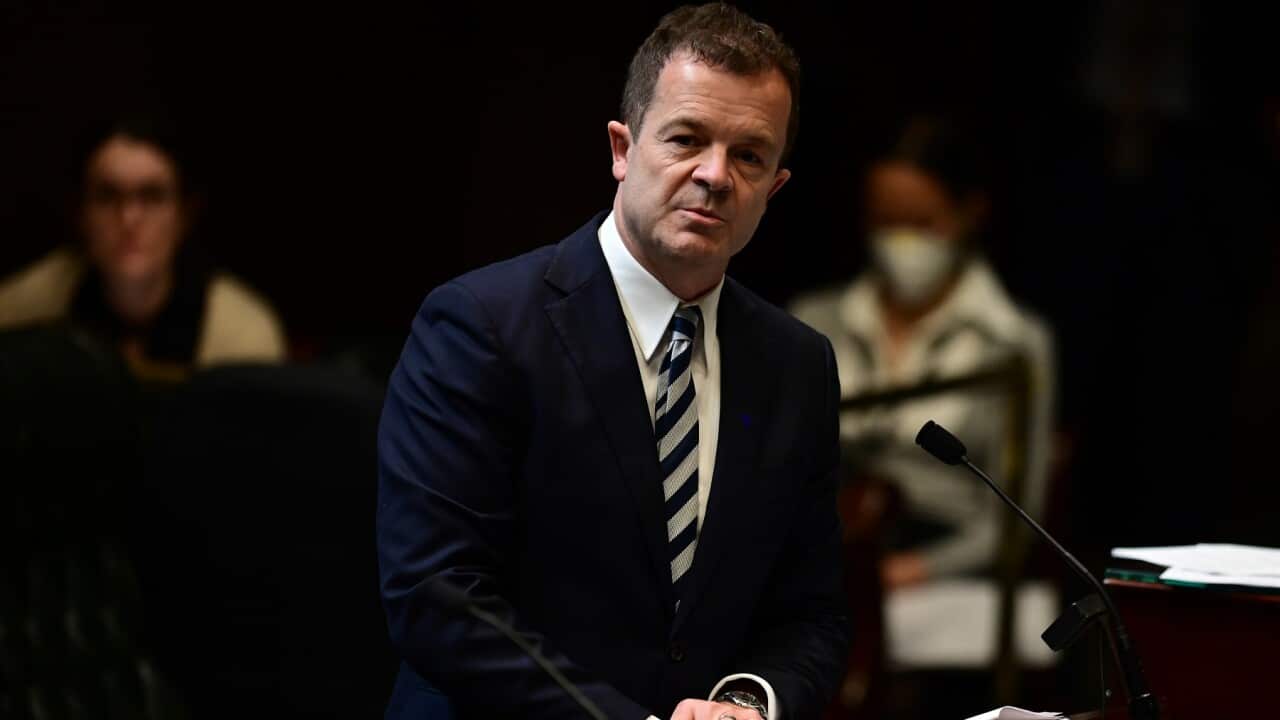 Attorney General Mark Speakman speaks on legislation relating to the COVID-19 pandemic at the Parliament of New South Wales in Sydney, Tuesday, May 12, 2020. (AAP Image/Joel Carrett) NO ARCHIVING