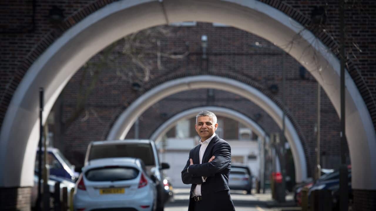 Sadiq Khan, Labour's candidate for Mayor of London, outside the Henry Prince Estate near Wandsworth in London