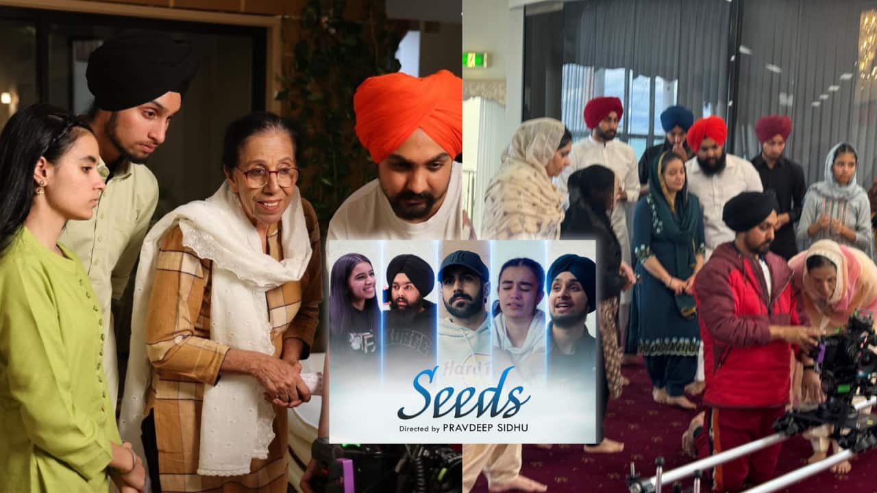 A collage of images with Punjabi actors and superimposed poster of movie titled seeds.