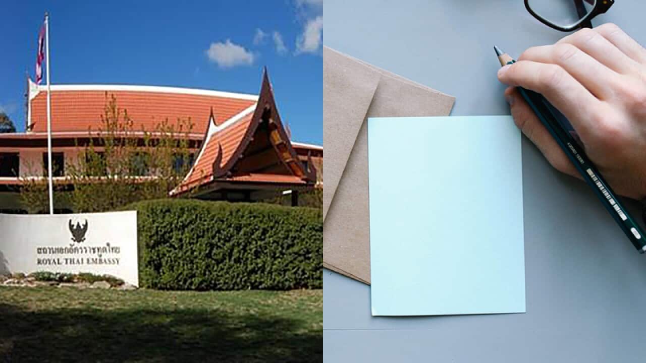 Image of the Royal Thai embassy, Canberra and postal vote envelope