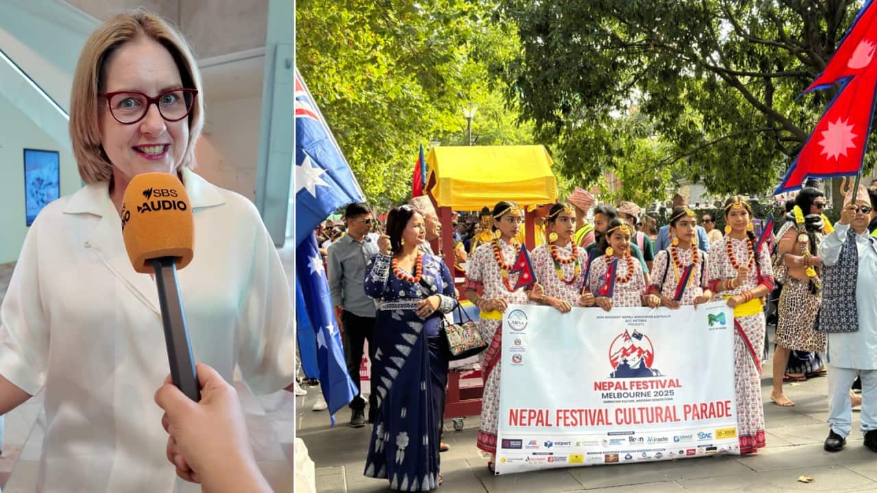 (L) Victorian Premier Jacinta Allan spoke to SBS Nepali during the Nepal Festival Melbourne 2025 at Federation Square, Melbourne on Saturday, 15 March 2025.