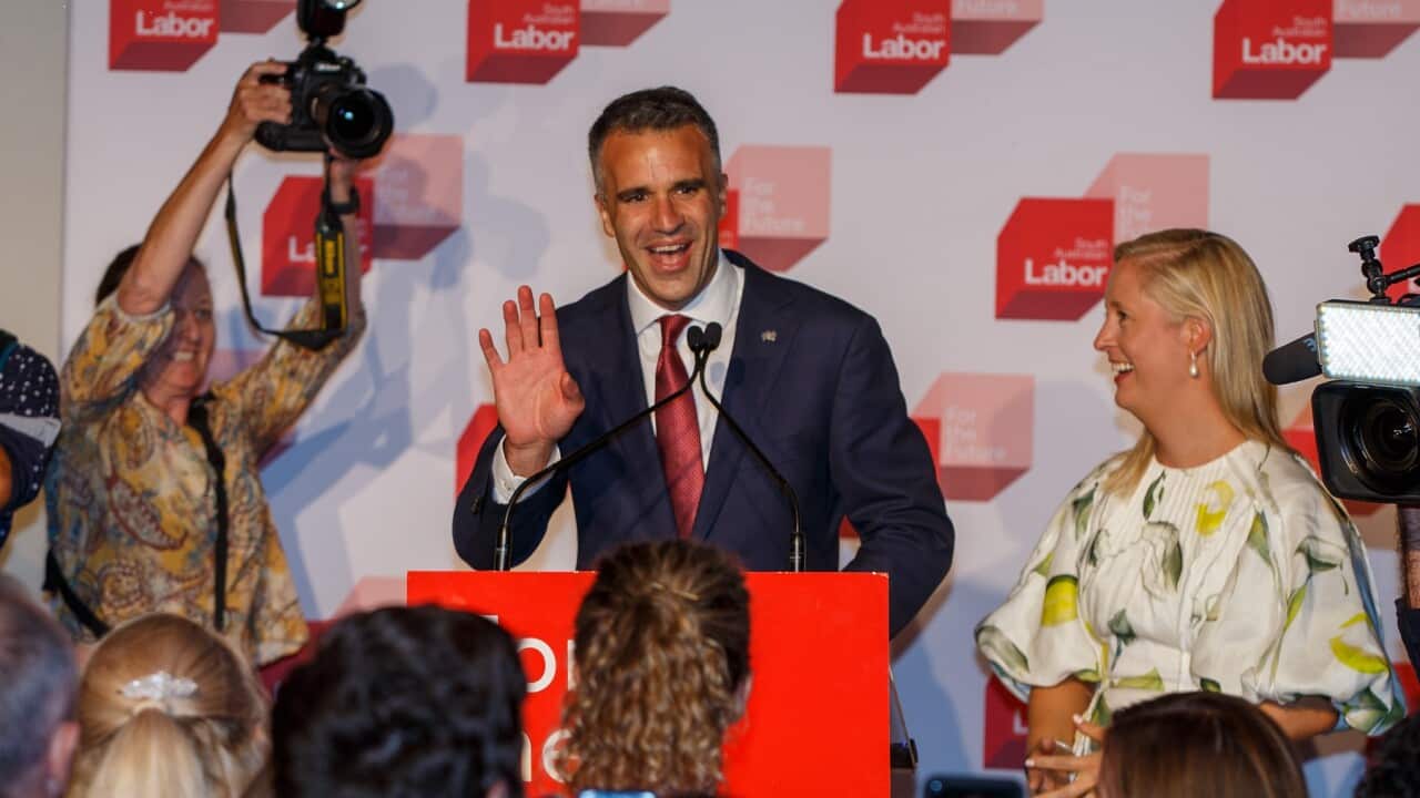 Peter Malinauskas and his wife Annabel SA Labor Leader celebrates victory for Labor during the 2022 State Election at Adelaide Oval in Adelaide, Saturday, March 19, 2022. (AAP Image/Matt Turner) NO ARCHIVING