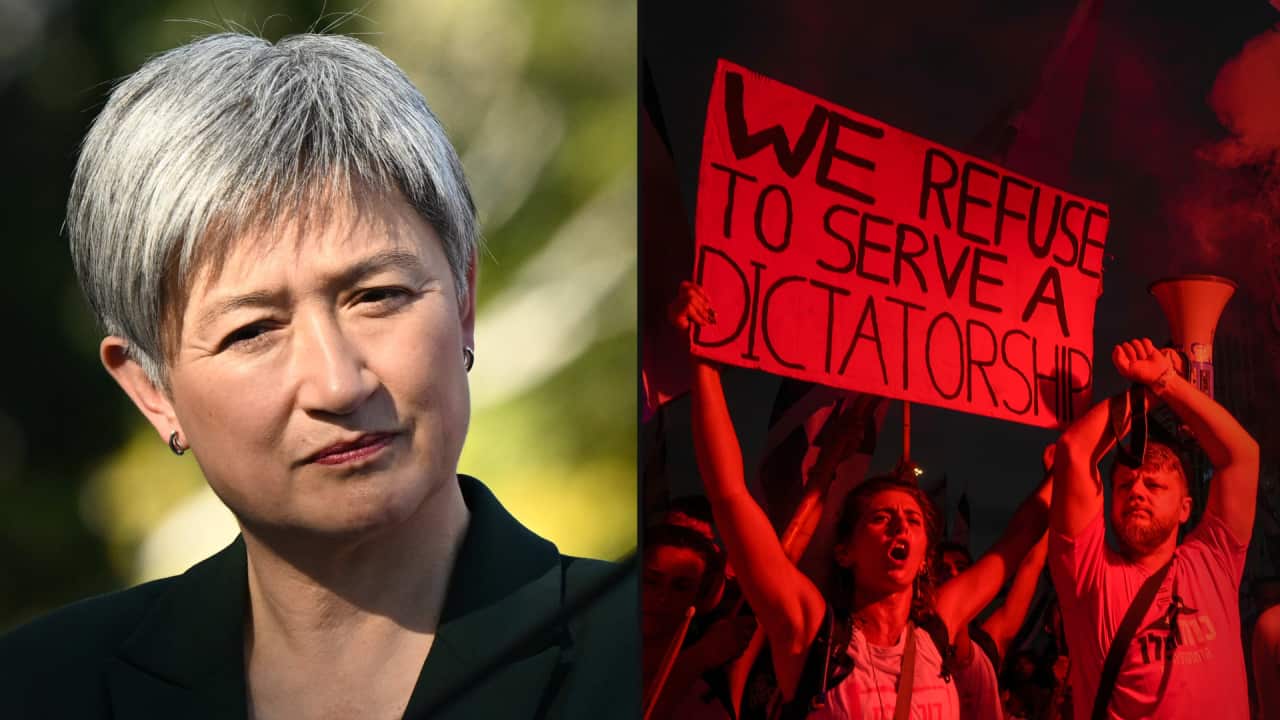 A split image. On the left is a photo of Foreign Minister Penny Wong. On the right is a photo of protesters in Israel.