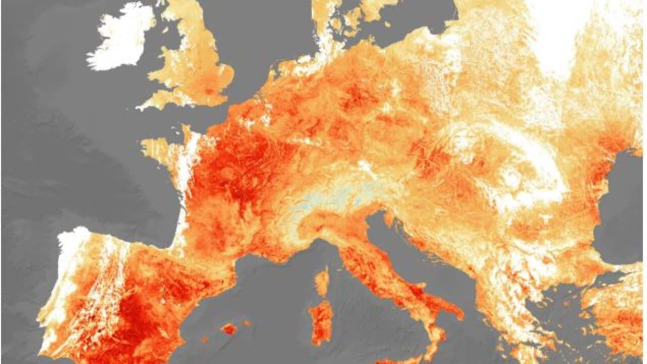 A handout photo made available by the European Space Agency shows a map of an extreme heatwave that hit Europe on 25 July 2019.