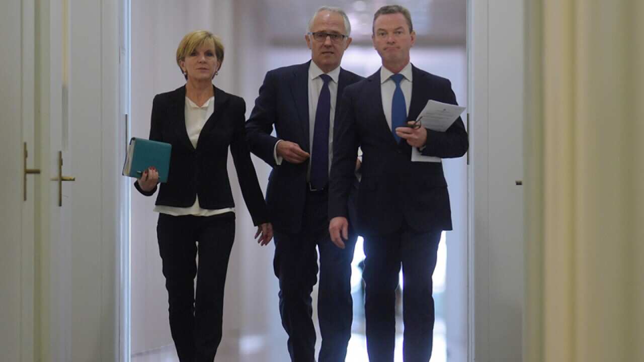 PM elect Malcolm Turnbull (C) Julie Bishop (L) and Christopher Pyne