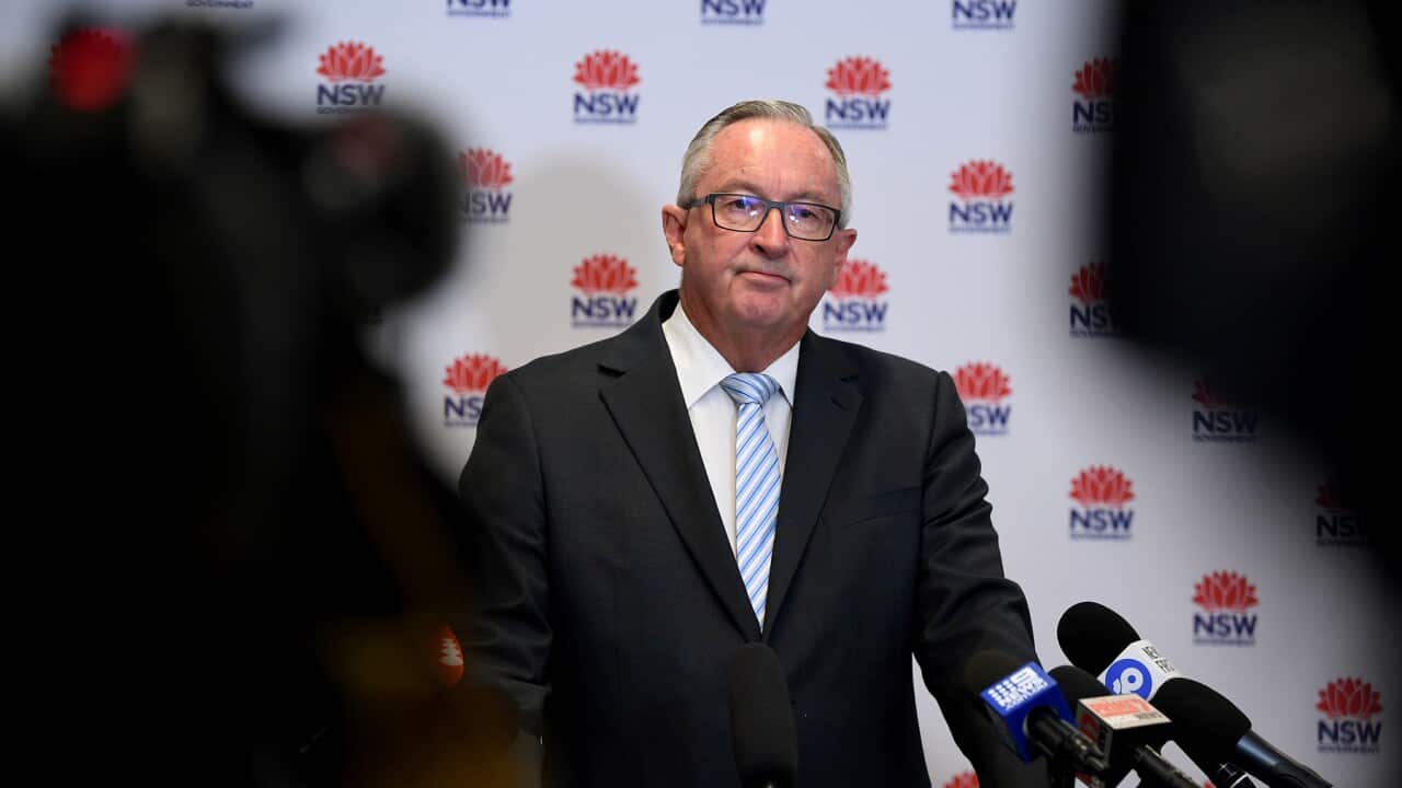 Health Minister Brad Hazzard during an announcement regarding 2020 influenza vaccine, in Sydney, Monday, March 2, 2020. (AAP Image/Joel Carrett) NO ARCHIVING