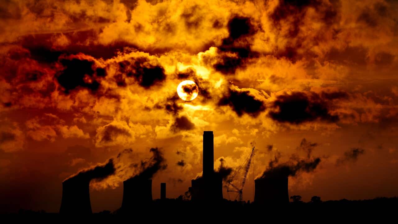 The sun setting over the Ratcliffe-on-Soar coal-fired power station in Nottinghamshire, UK.