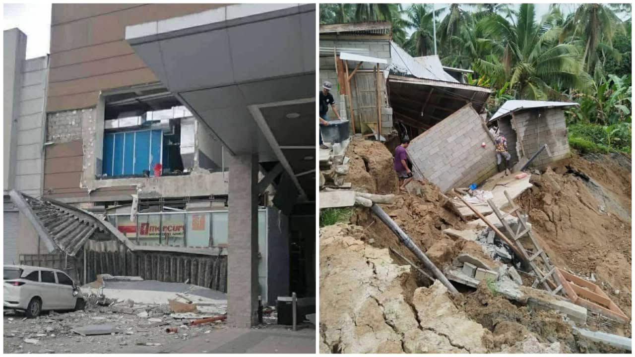 Damages after A magnitude 7.4 earthquake jolted Mindanao on Friday, with the epicentre off the coast of Manay, Davao Oriental.