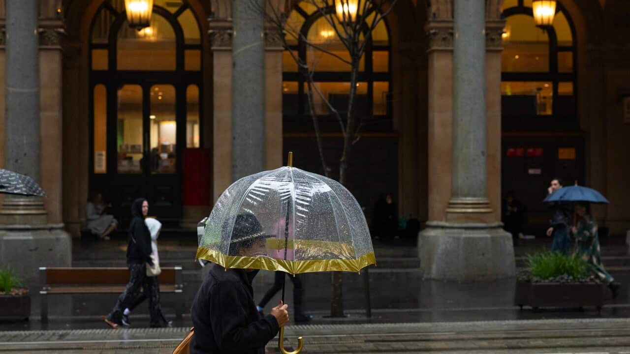 A person walking with a clear umbrella on a city street