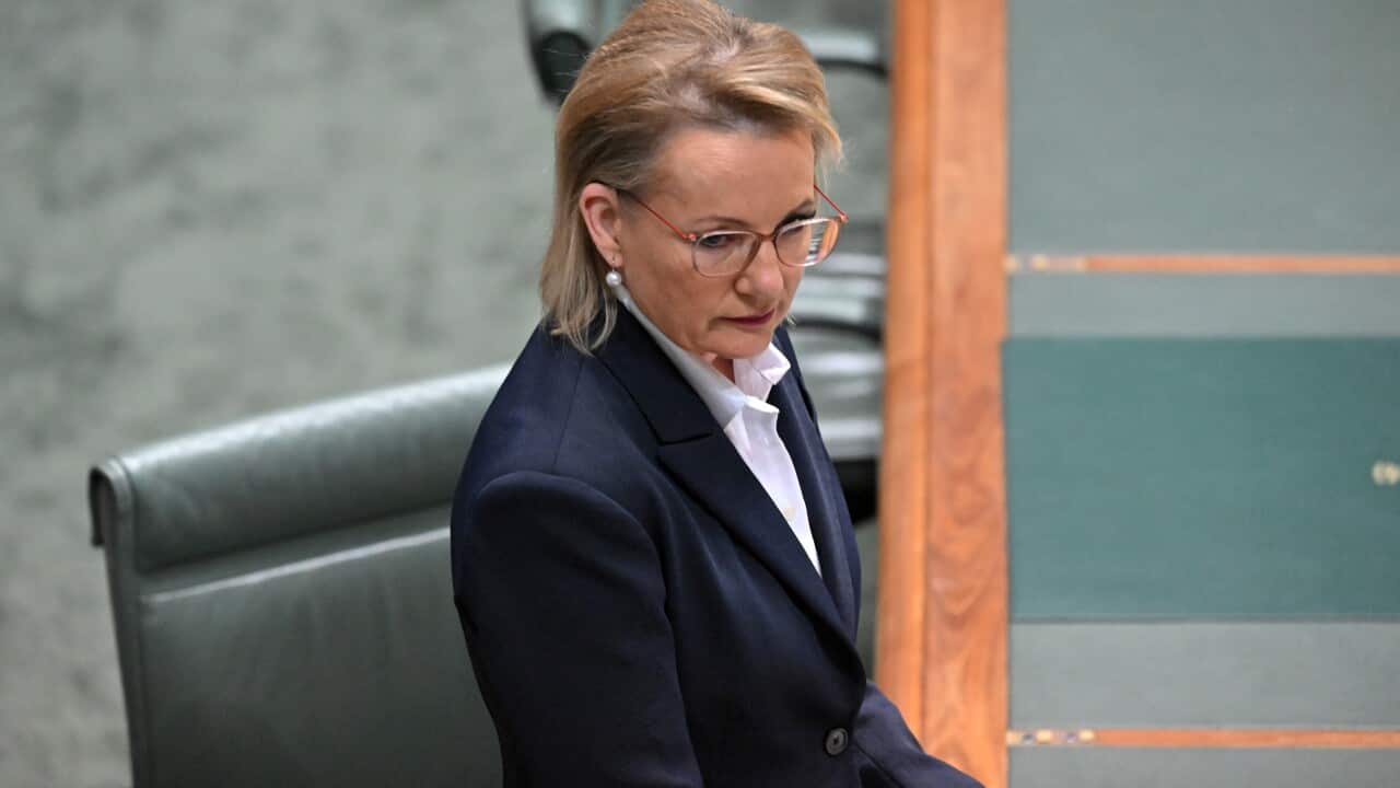 A woman in a suit looks glum during a federal parliament sitting in Canberra.