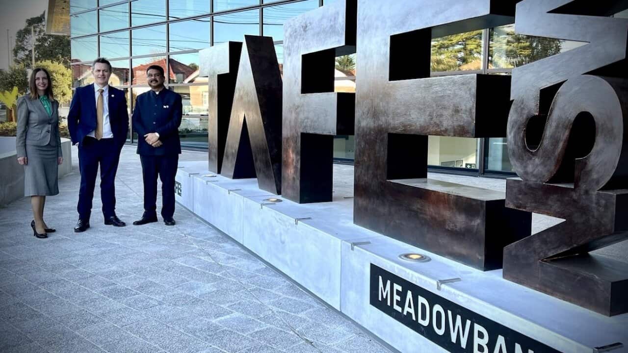 Education Minister Jason Clare with Indian counterpart Shri Dharmendra Pradhan at Meadowbank TAFE, Sydney (Jason Clare twitter).jfif.jpeg