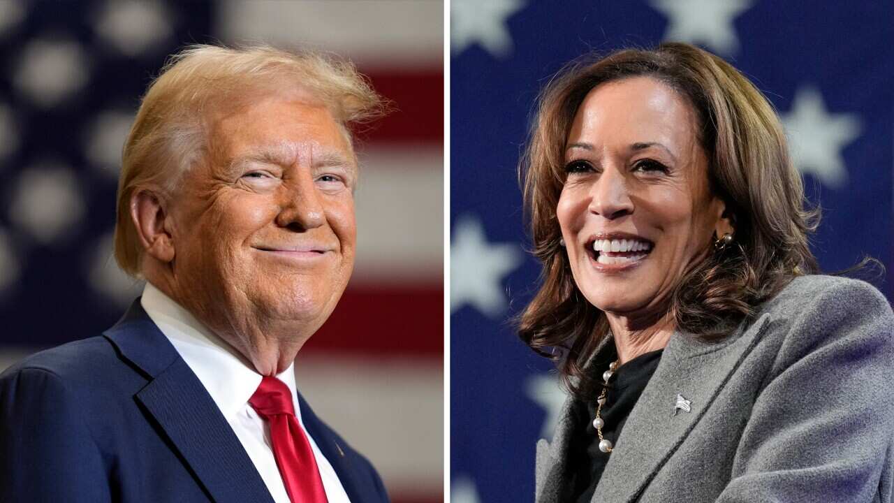 A split image showing Donald Trump and Kamala Harris