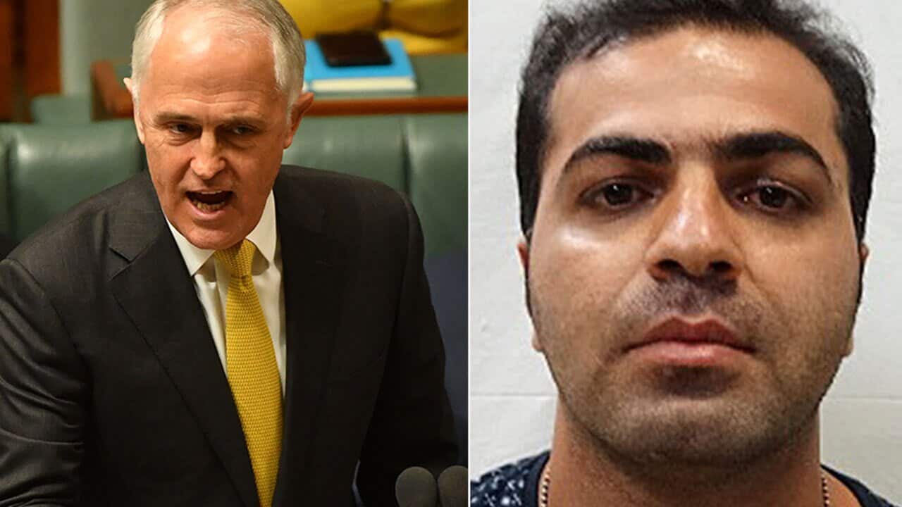 L: Malcolm Turnbull in Question Time on Tuesday. R: Hamed Shamshiripour