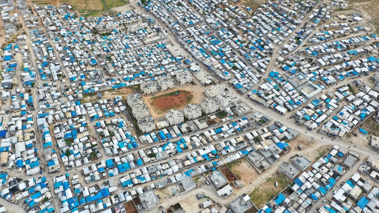 An aerial picture taken with a drone shows Qah refugee camp in Idlib, Syria