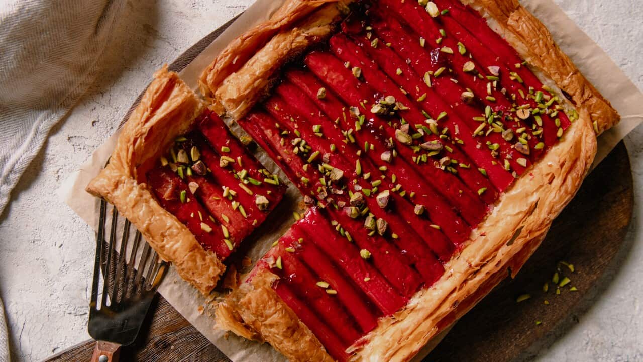 Easy rhubarb, honey and pistachio tart