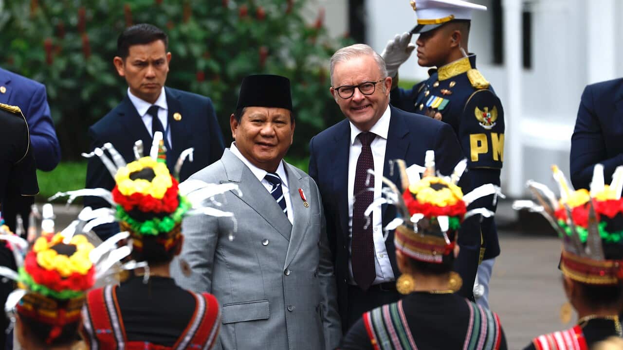 Indonesian President Prabowo Subianto and Australian Prime Minister Anthony Albanese smile while standing together during a ceremony featuring traditional dancers and military personnel.
