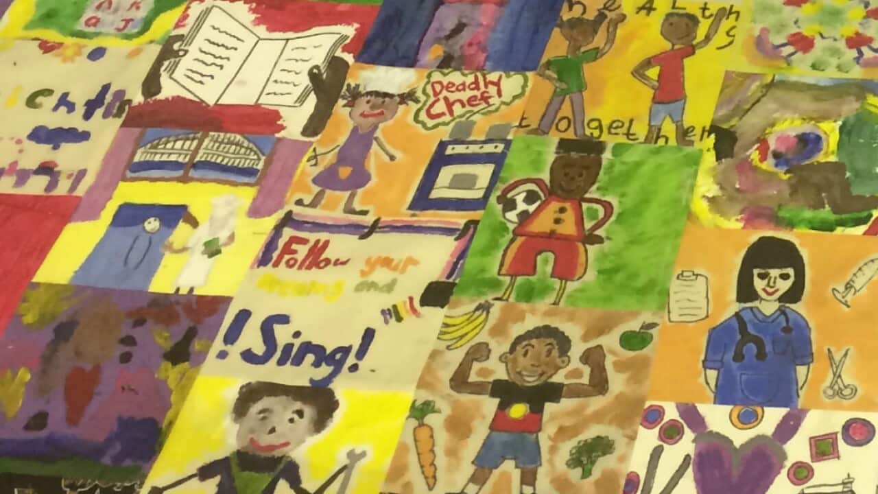 A close up of the Walgett Community College Aboriginal Dreaming Quilt