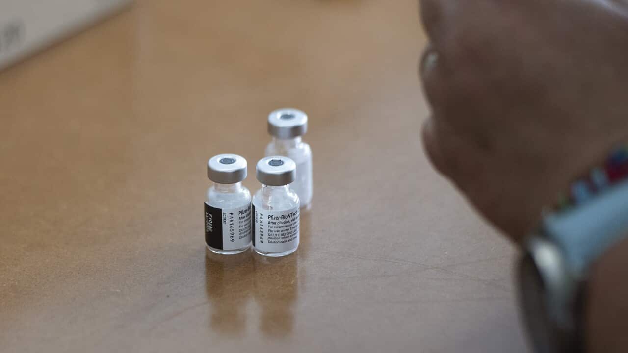 Pfizer vaccines in an ambulance converted to a vaccine hub in Cape Town, South Africa.