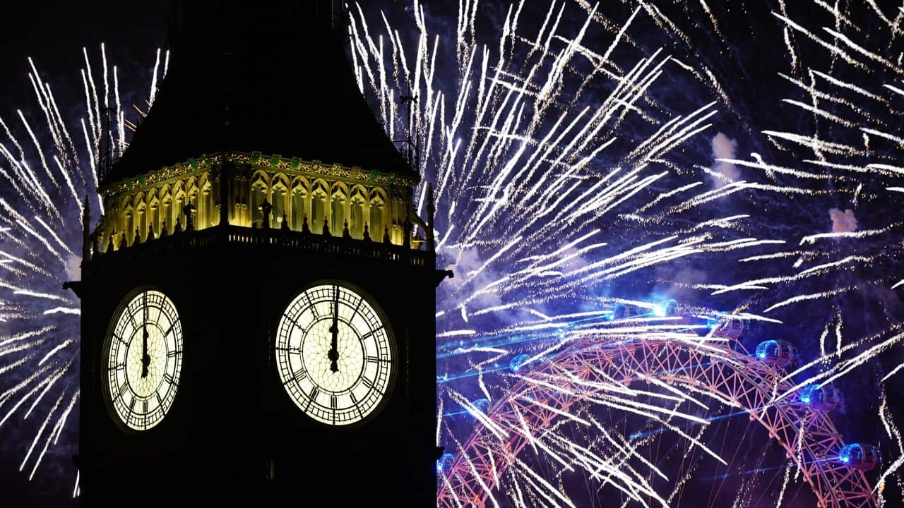 Fireworks in the Sky behind the Big Ben clock tower.