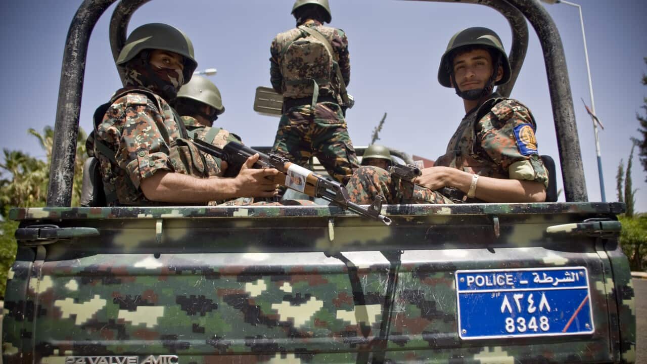 Shiite fighters, known as Houthis, wearing army uniforms escort the convoy of Ismail Weld al-Sheikh, new UN special envoy to Yemen, at the international airport in Sanaa, Yemen (AP Photo/Hani Mohammed)
