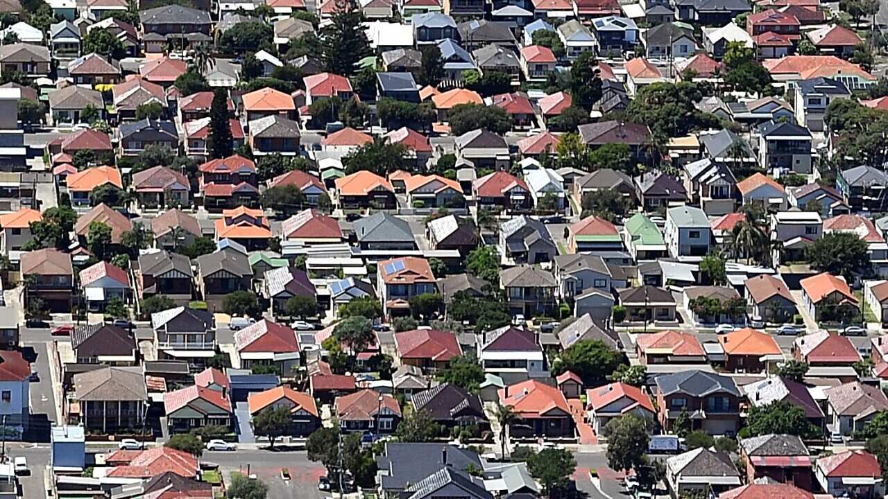 An aerial view of houses.