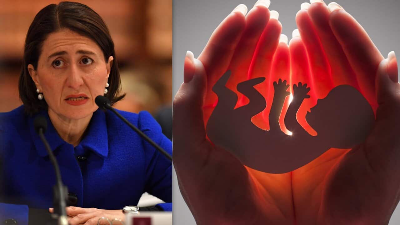 On the left: Premier Gladys Berejiklian addressing