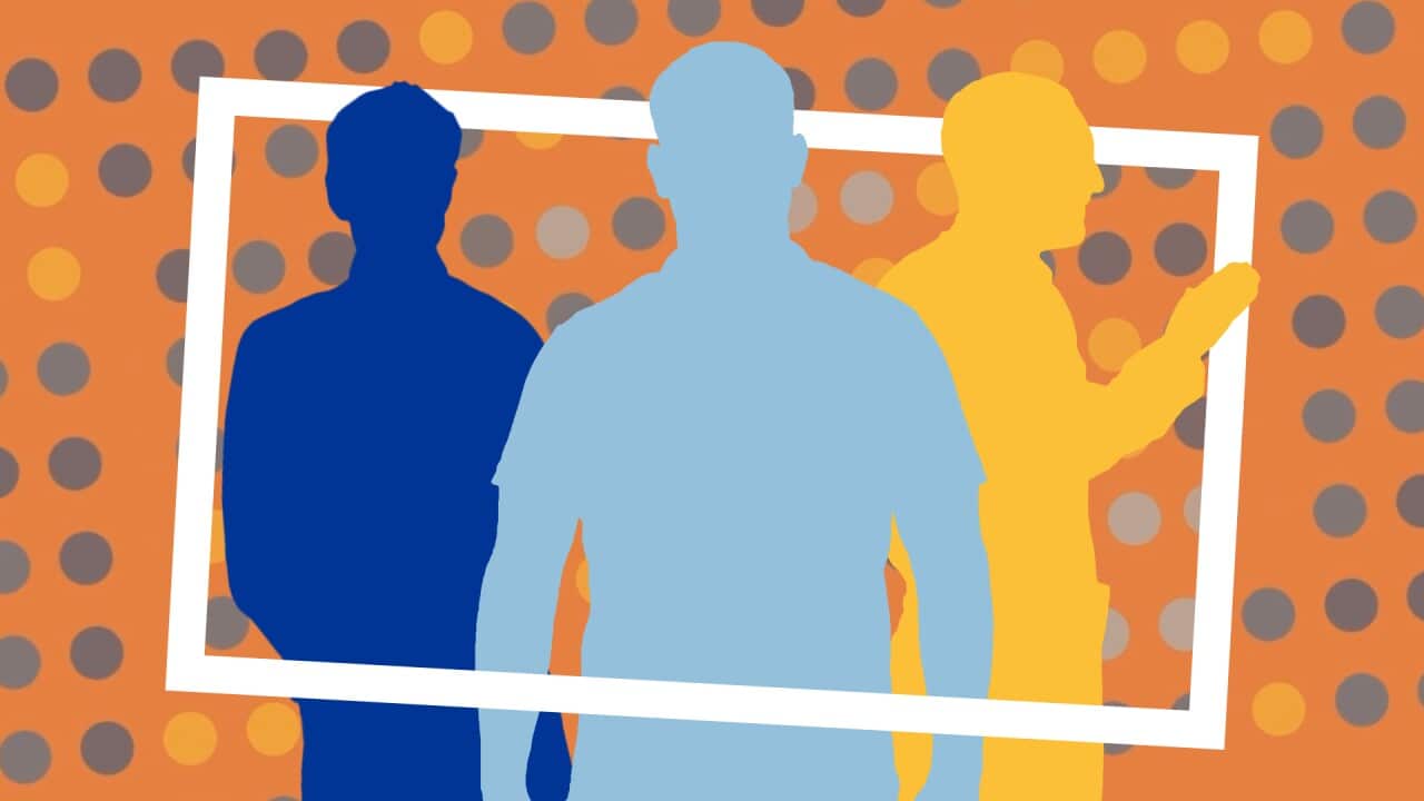 Silhouettes of three men inside a white rectangle box, with multi-coloured dots in the background.