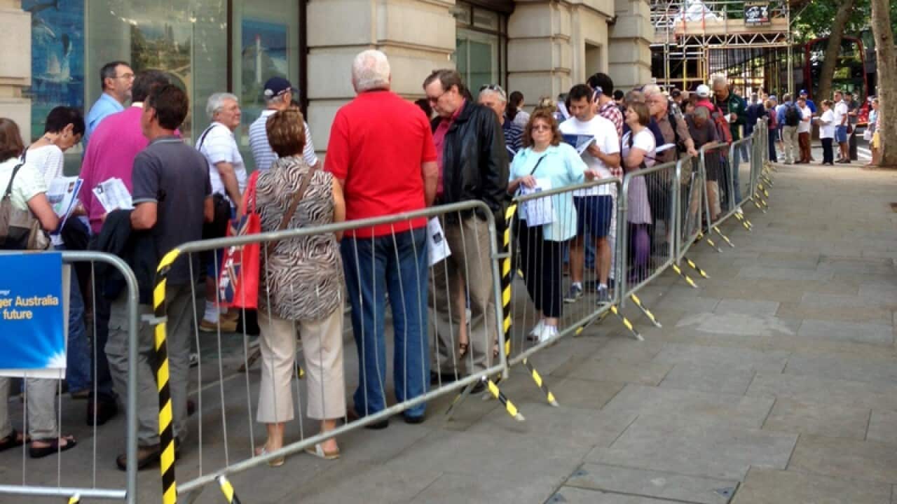 Australian tourists and expats queue outside Australia House