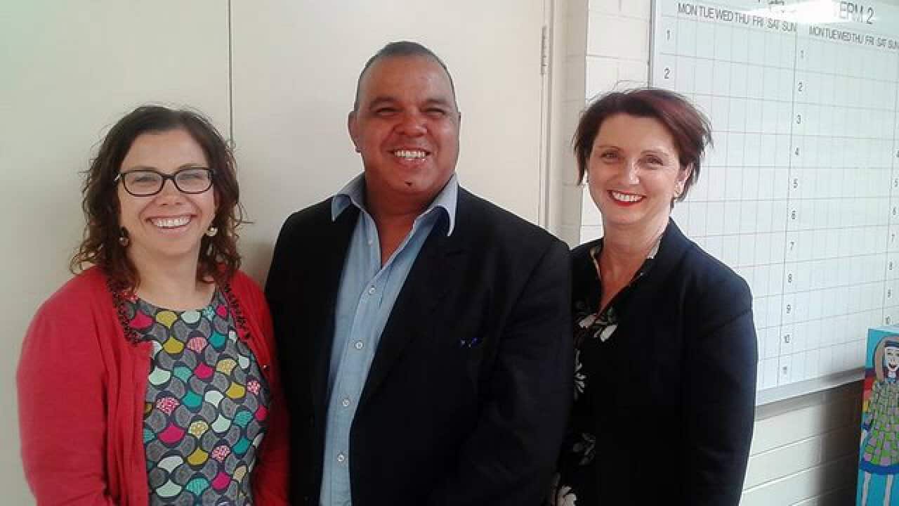 Mentoring students at his first school St Johns at Christies Beach. Photo with Federal MP Amanda Rishworth and Principal Deanne Morrison Peters