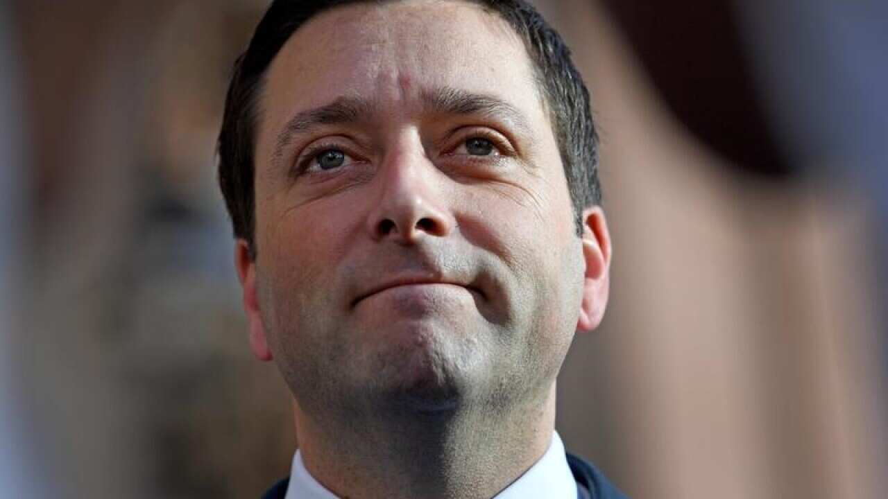 Victorian state opposition leader Matthew Guy holds a media doorstop.