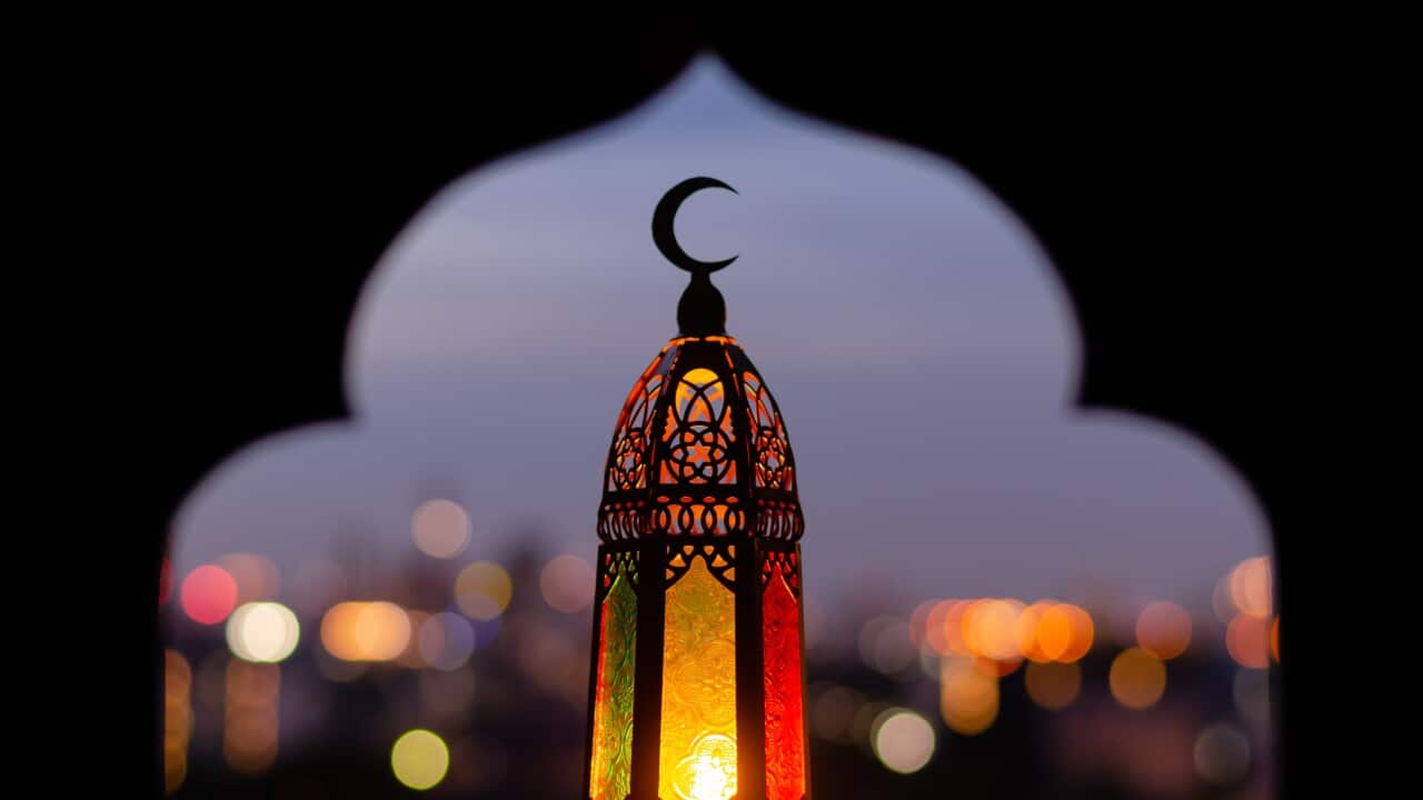 Lantern With Moon Symbol And Mosque Shape Background. Ramadan Kareem And Islamic New Year Concept.