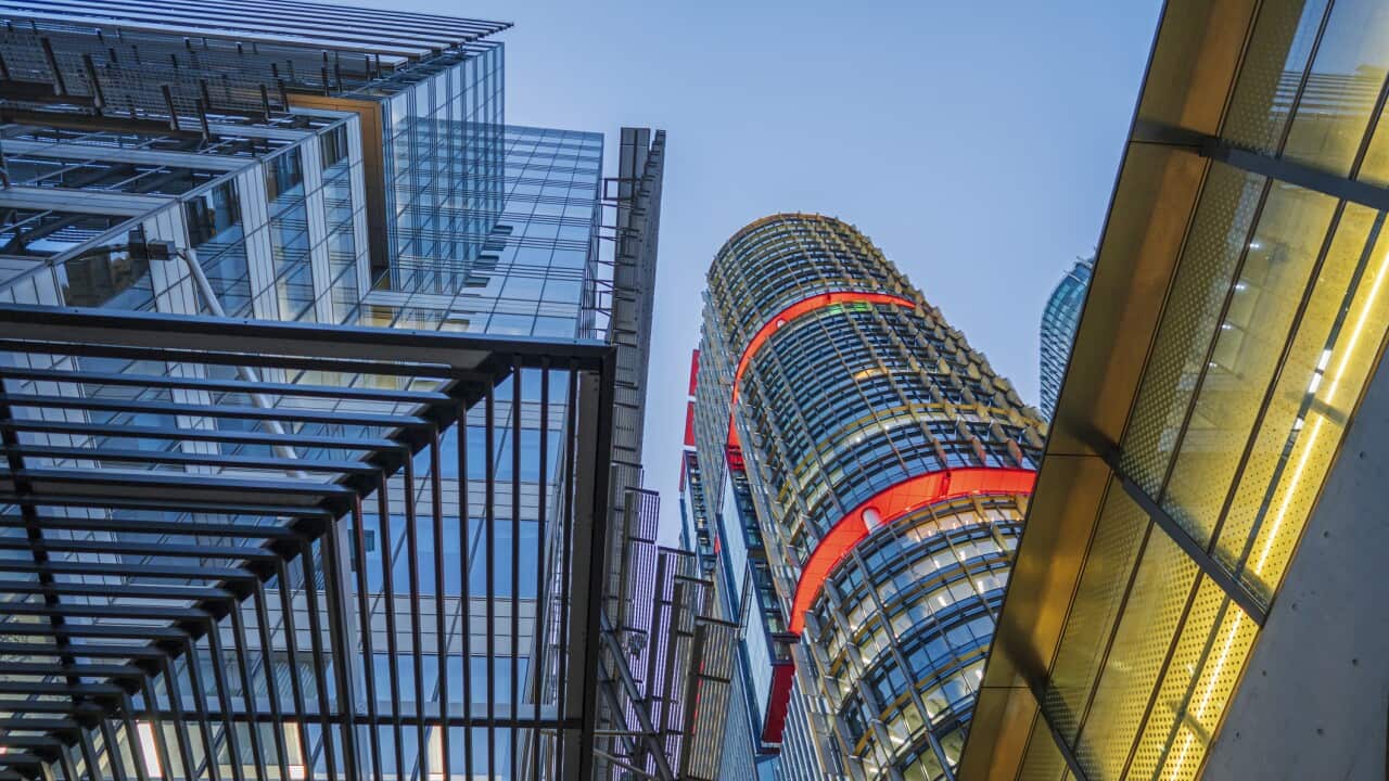 Futuristic city office buildings at night Sydney