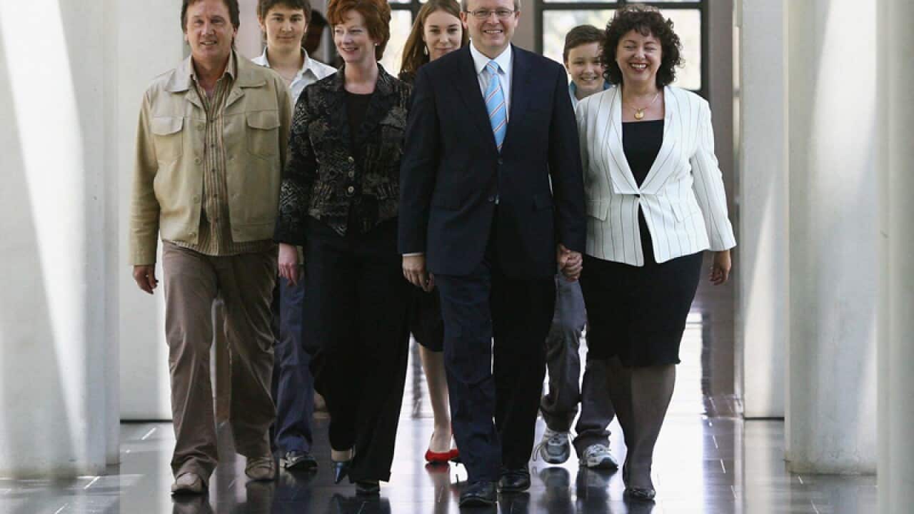 Kevin Rudd, the then new Labor leader walks with his family and the then deputy Julia Gillard following his win against Kim Beazley on December 4, 2006. (Getty)